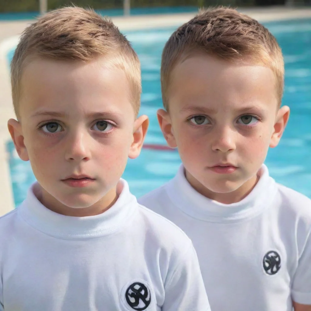 aiamazing twin boys at swimming pool indoctrinated by hydra agents into compliant neo nazi fitness cultist boys with white gym shirts and amber eyes awesome portrait 2