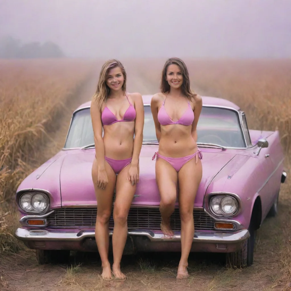 aiamazing two happy girls in pink bikinis%2C posing in front of a purple old car on a foggy dirtroad through the cornfields awesome portrait 2