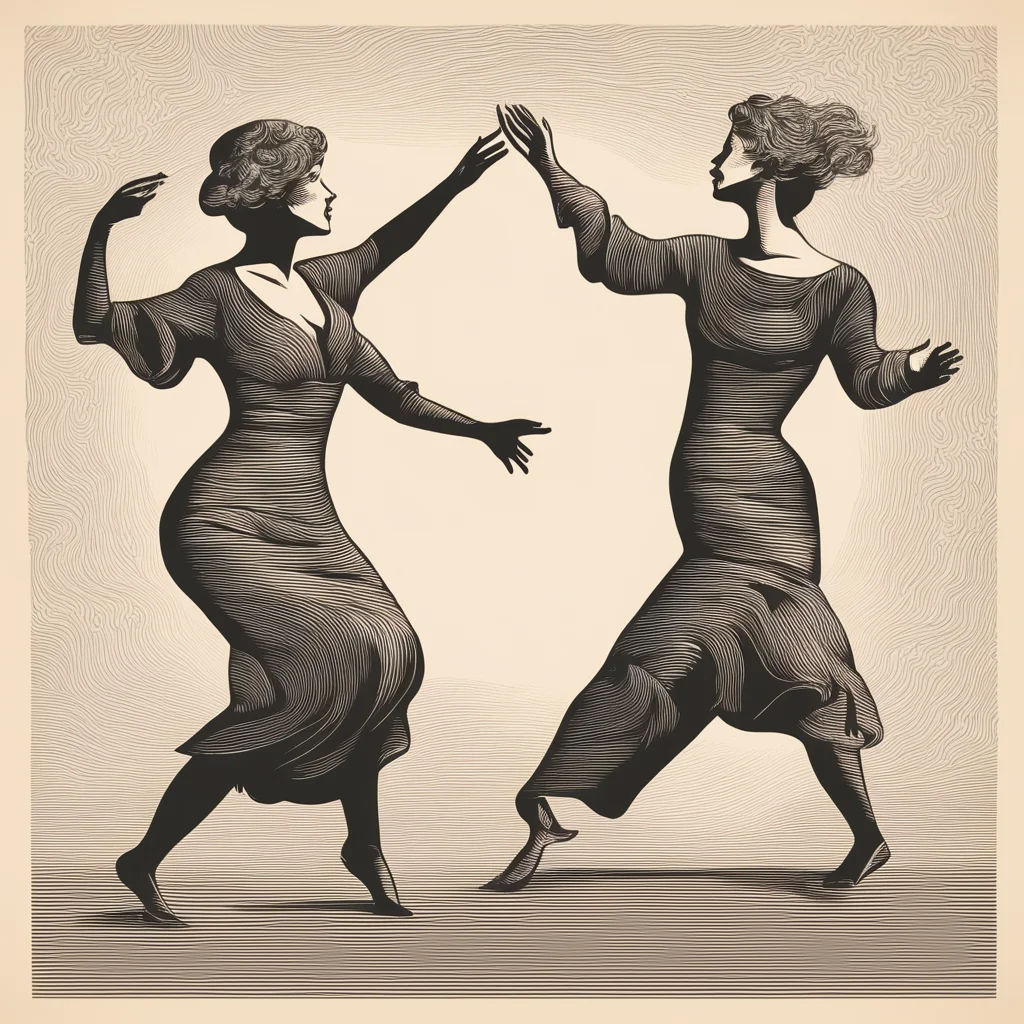 amazing two women dancing in woodcut style awesome portrait 2