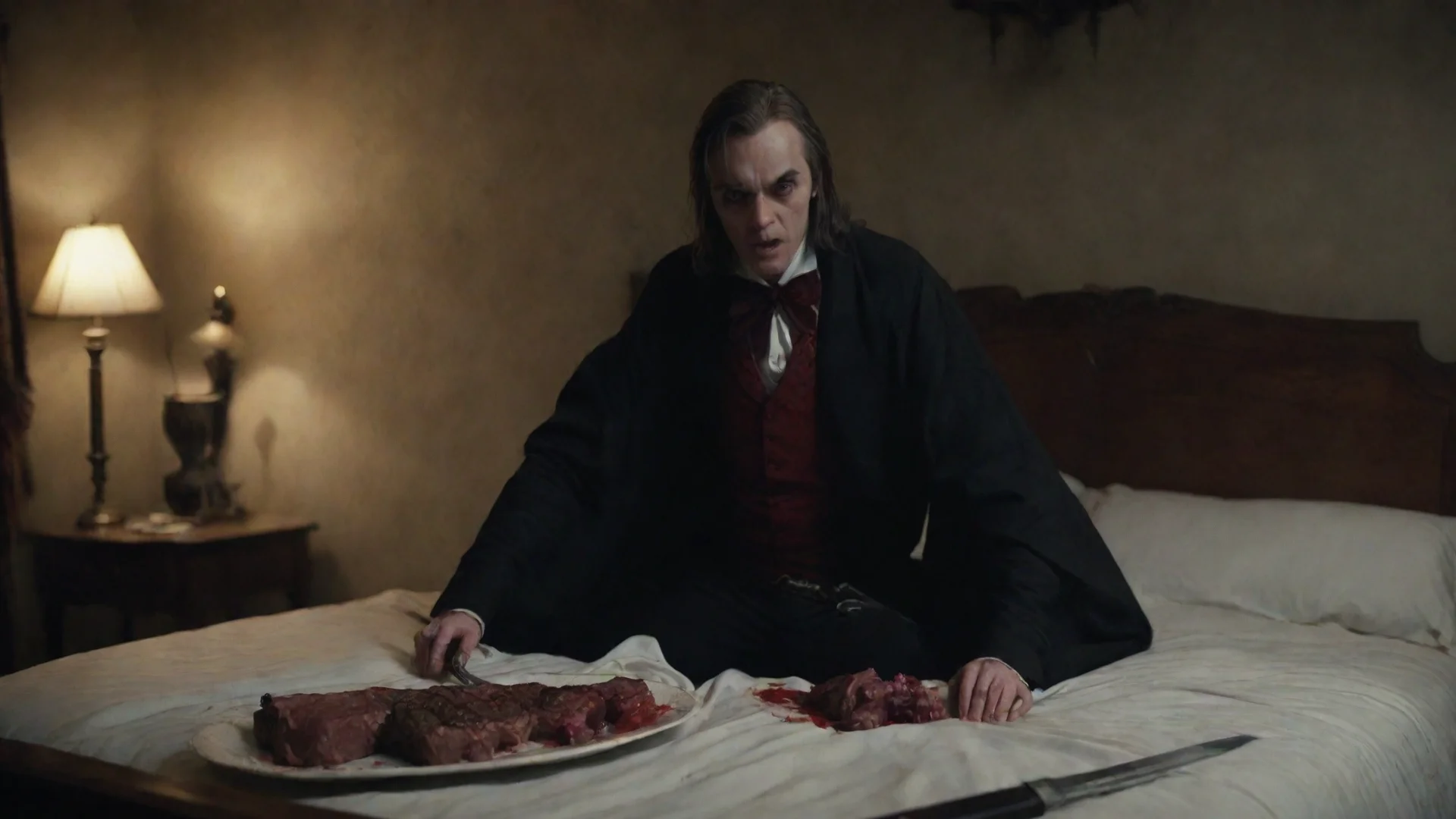 amazing vampire steak silver sword on bed 1800s spooky epic shot cinematic wow awesome portrait 2 wide