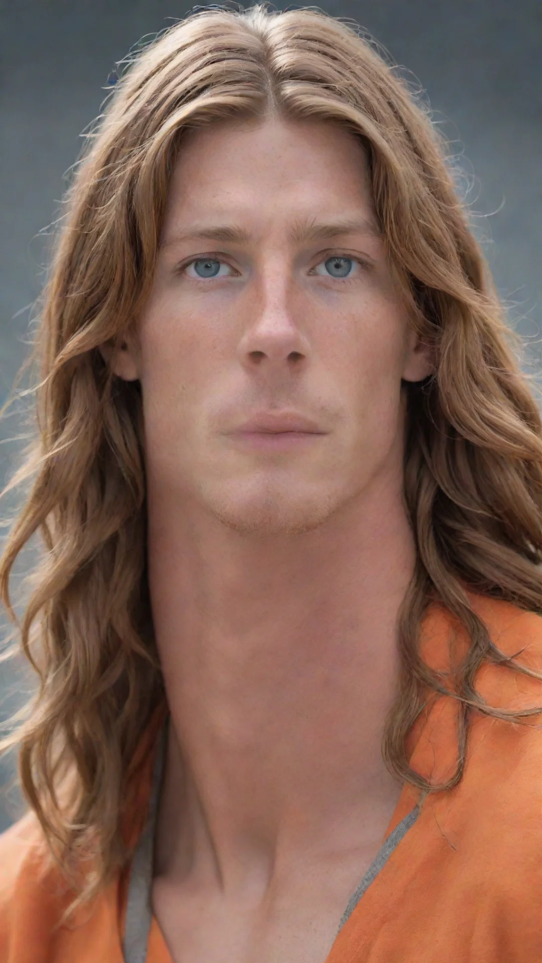 aiamazing very realistic trevor lawrence%2C very long light reddish brown hair%2C grey eyes%2C wearing orange tibetan clothing%2C large muscles and neck freckles awesome portrait 2 tall