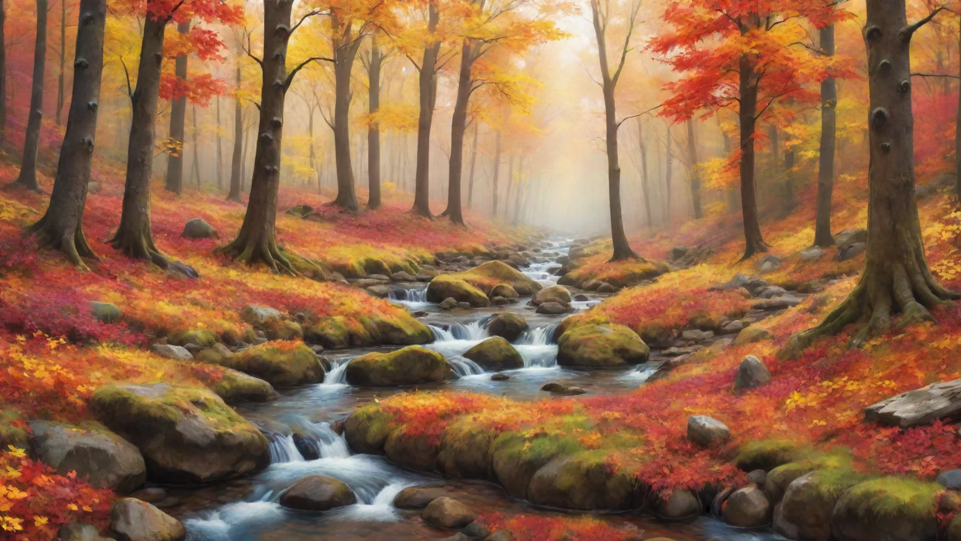 amazing vibrantly colorful cozy autumn forest with a stream art wallpaper awesome portrait 2 wide