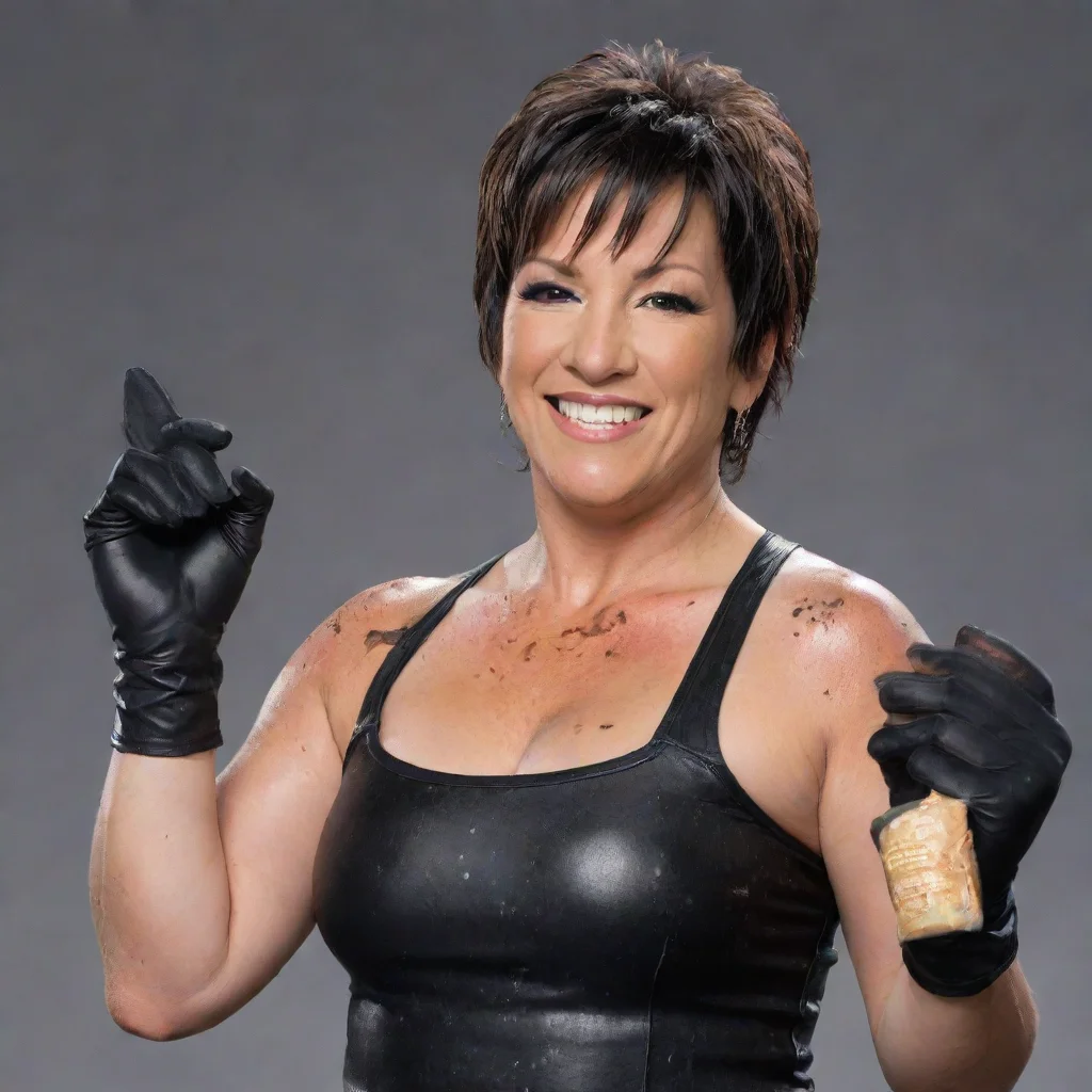 amazing vickie guerrero smiling with black  nitrile gloves and gun and mayonnaise splattered everywhere awesome portrait 2