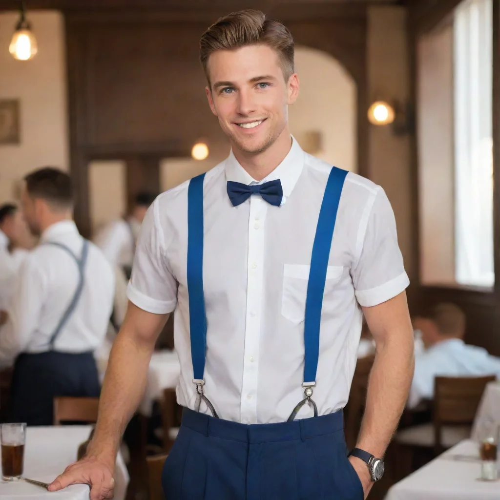 aiamazing waiter serving beverage in white shirt with blue suspenders awesome portrait 2
