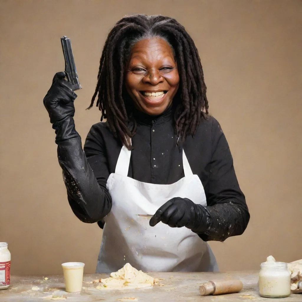 aiamazing whoopi goldberg smiling with black gloves and gun and mayonnaise splattered everywhere awesome portrait 2