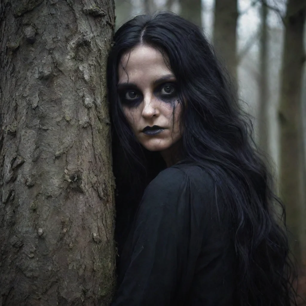 aiamazing witch of the woods%2C creepy black eyes%2C long dark hair%2C hugging a tree awesome portrait 2