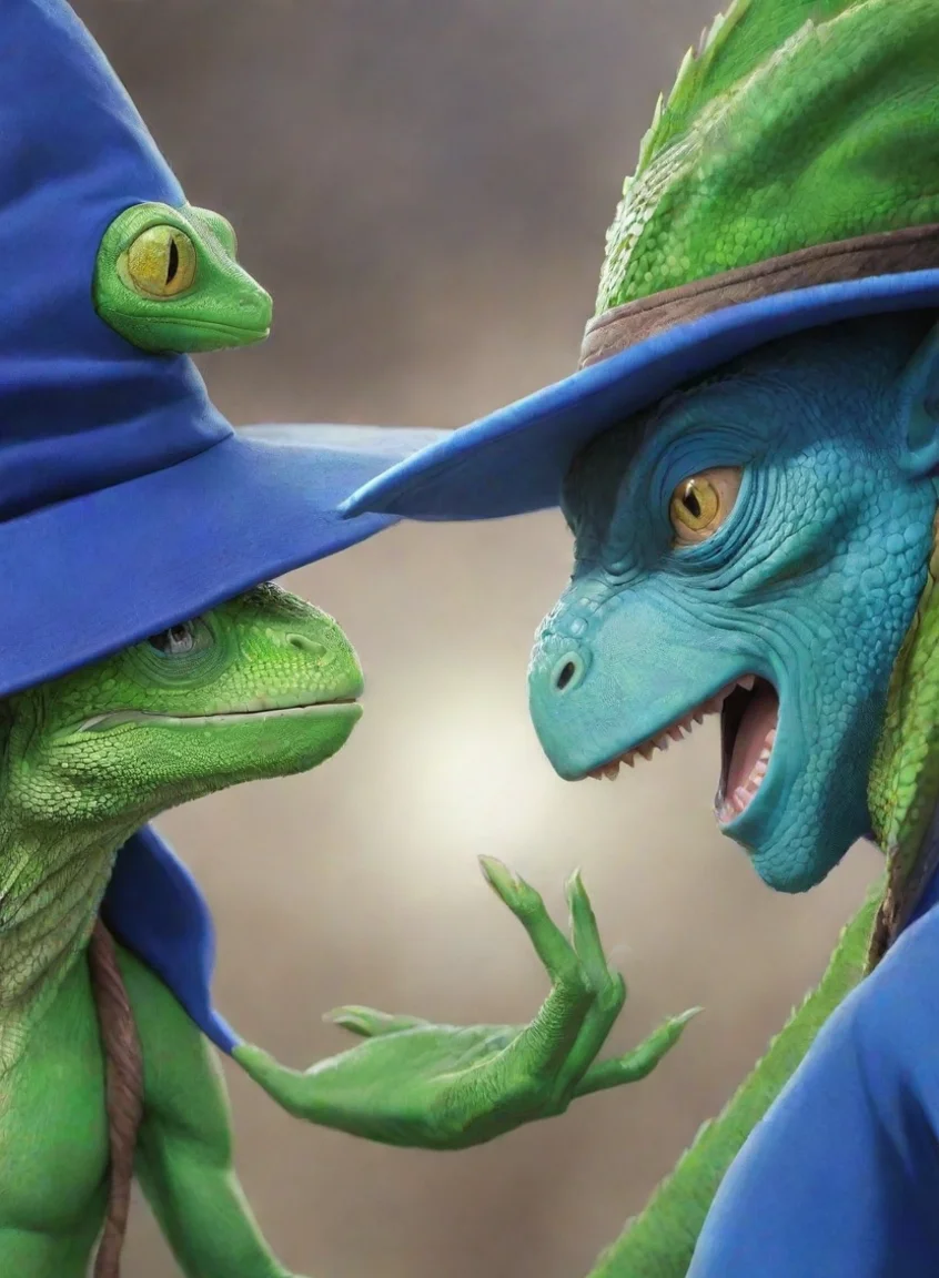 aiamazing wizard man blue hat vs green lizard fight game head to head vs poster hd anime epic detailed awesome portrait 2 portrait43