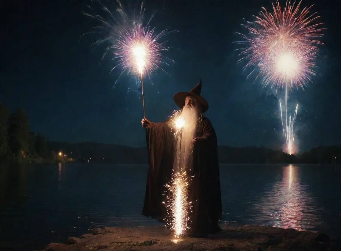 amazing wizard powerful fireworks magic using staff water on lake stary night hd 8k awesome portrait 2 landscape43