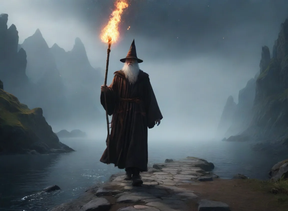 amazing wizard walking stary sky flame staff hd realism water clifffs path particles fog 8k awesome portrait 2 landscape43