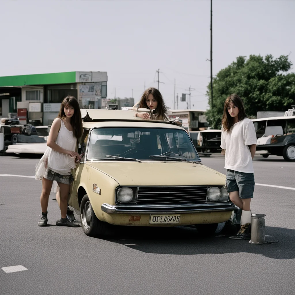 aiamazing wo stoned english girls%2C at an uncanny total gas station%2C with their old rusty nissan sunny wagon awesome portrait 2