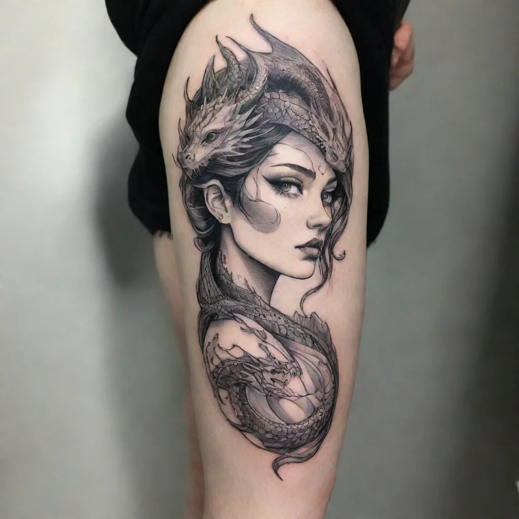 aiamazing woman dragon fine line black and white tattoo awesome portrait 2