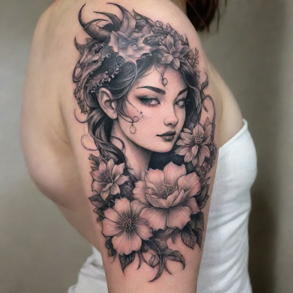 aiamazing woman dragon flowers fine line tattoo awesome portrait 2