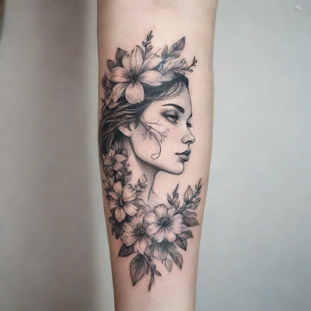 aiamazing woman in flowers fine line black and white tattoo awesome portrait 2