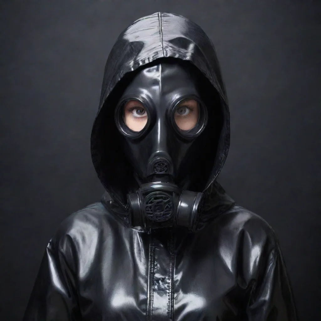 amazing woman long wet black raincoat enclosed hood gasmask awesome portrait 2