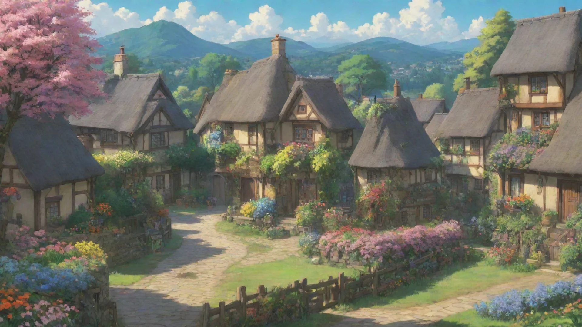 aiamazing wonderful ghibli landscape epic anime hd aesthetic town cottages flowers awesome portrait 2 wide
