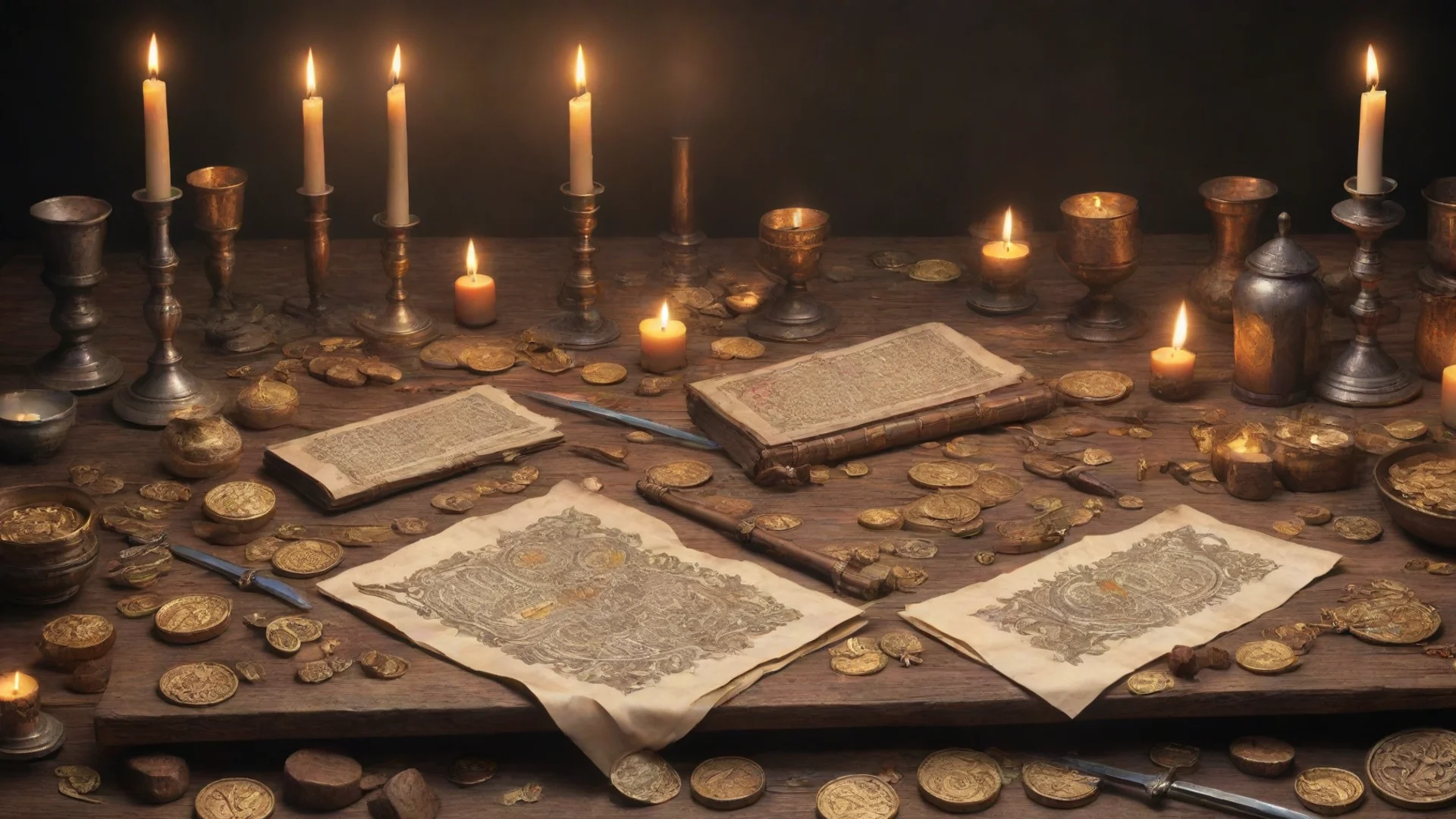 aiamazing wooden table with gold coins%2C swords%2C candles%2C scrolls and other objects related to medieval fantasy%2C color drawing awesome portrait 2 wide