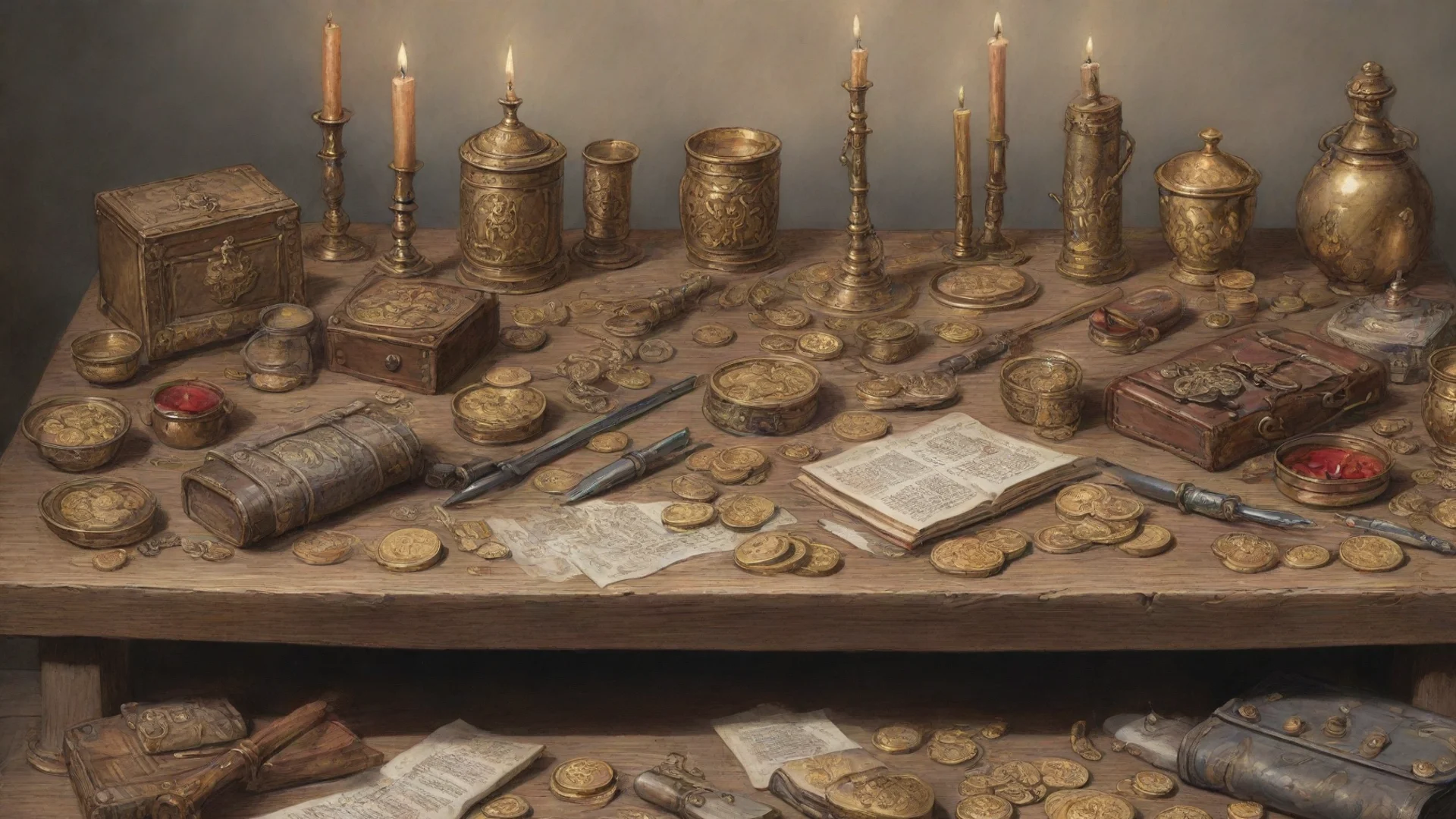 aiamazing wooden table with gold coins and purse and weapons and armors and candles and scrolls%2C color drawing awesome portrait 2 wide