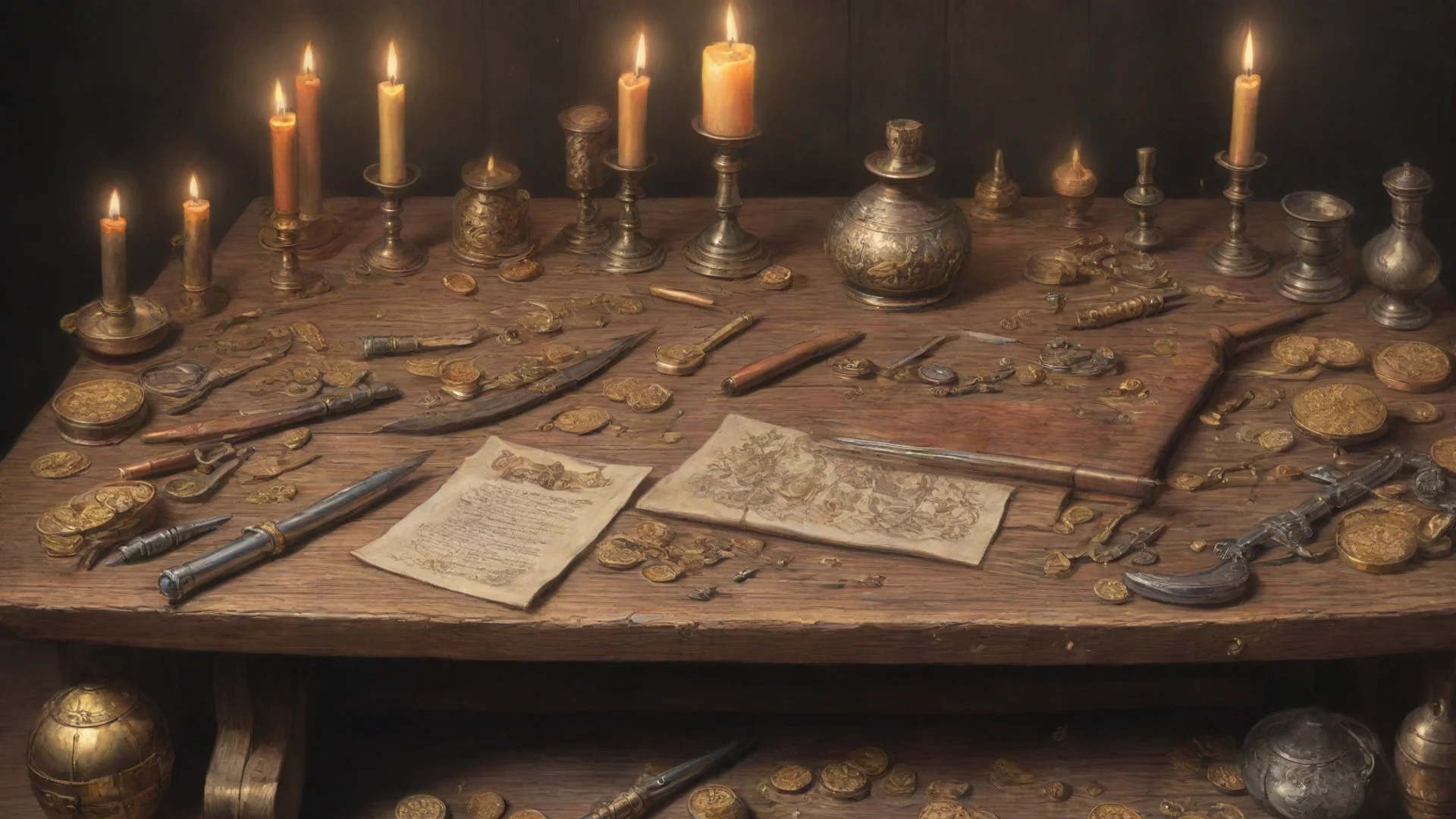 aiamazing wooden table with weapons and armors and candles and scrolls and gold coins%2C color drawing awesome portrait 2 wide