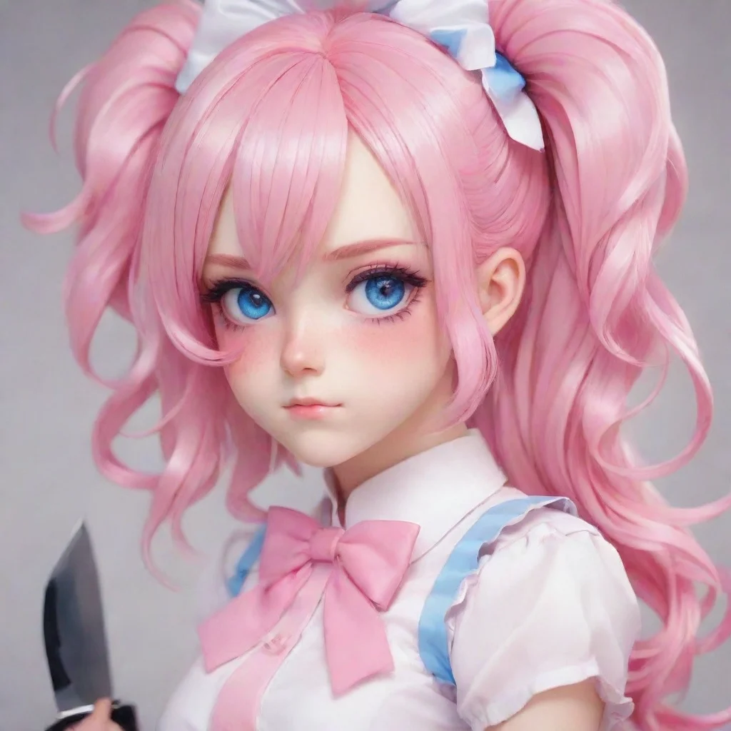 aiamazing yandere pink and white unform%2C big bow in hair with blue eyes pink hair with white highlights has knife awesome portrait 2