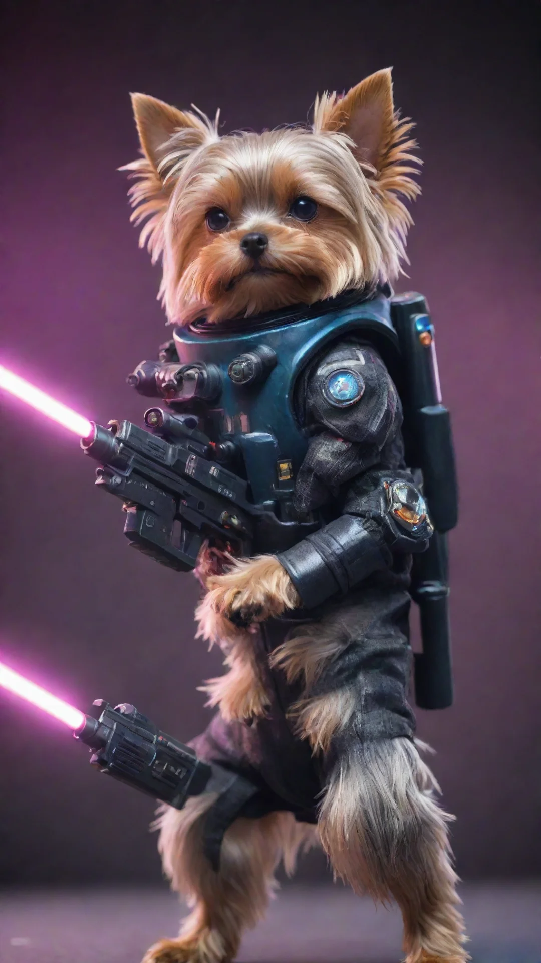 amazing yorkshire terrier in a cyberpunk space suit firing a laser gun awesome portrait 2 tall