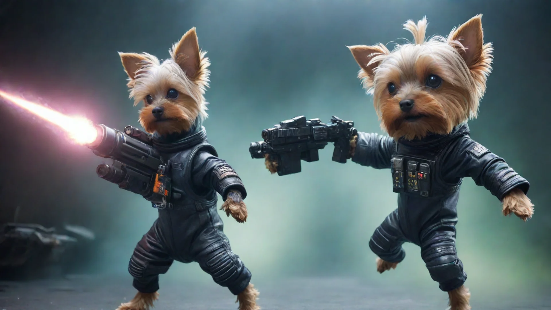 amazing yorkshire terrier in a cyberpunk space suit firing at aliens awesome portrait 2 wide
