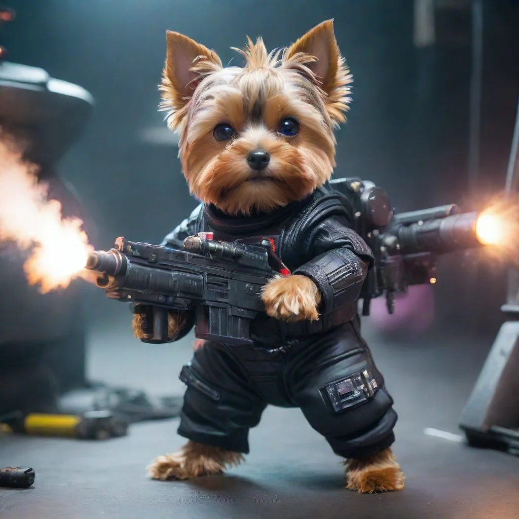 amazing yorkshire terrier in a cyberpunk space suit firing big gun awesome portrait 2