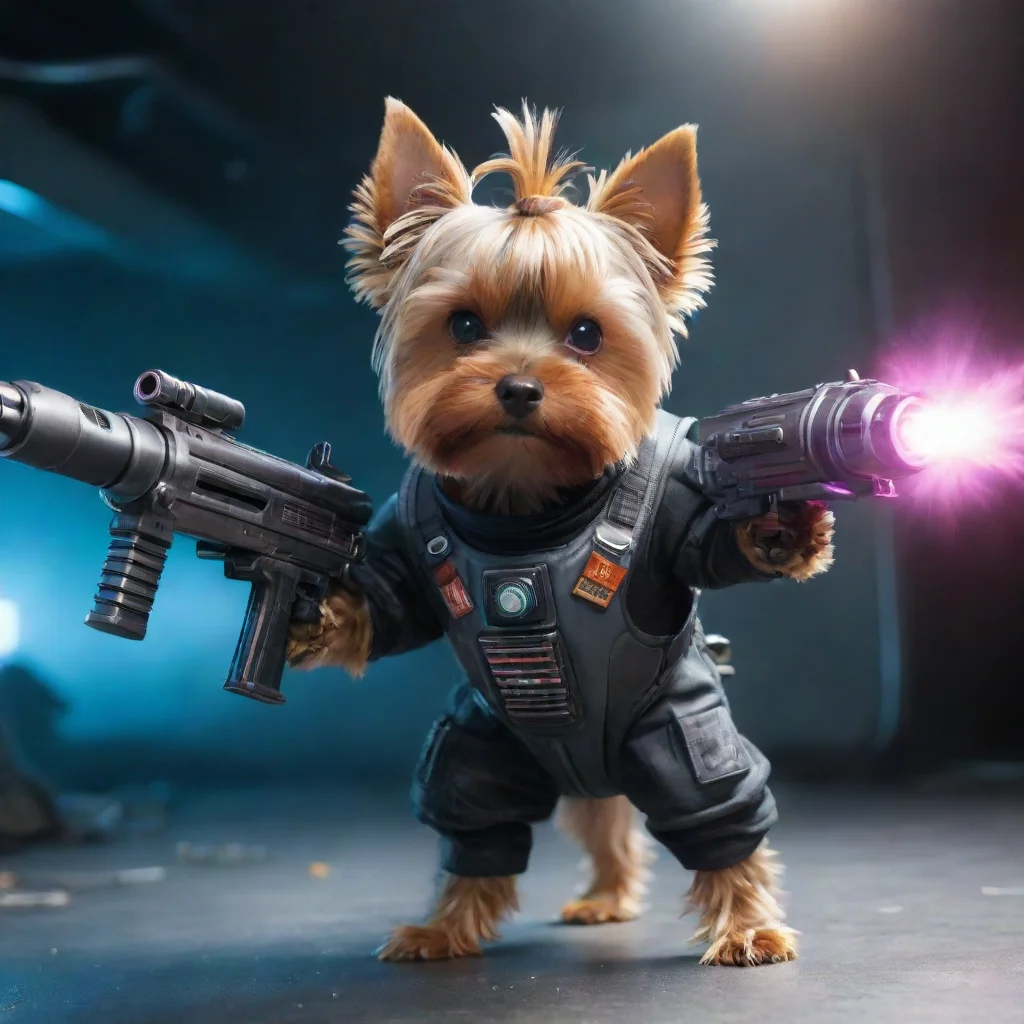 amazing yorkshire terrier in a cyberpunk space suit firing big weapon awesome portrait 2