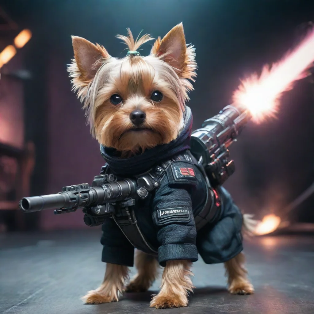 amazing yorkshire terrier in a cyberpunk space suit firing big weapon confident awesome portrait 2