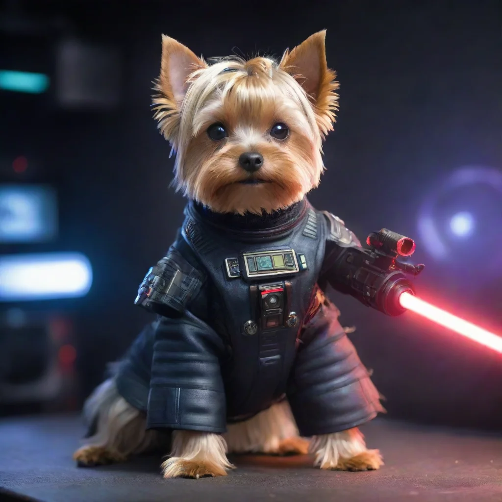 amazing yorkshire terrier in a cyberpunk space suit firing n laser confident. awesome portrait 2