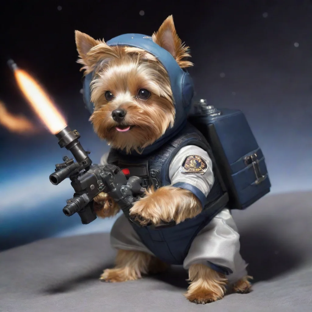 aiamazing yorkshire terrier in a space suit firing a machine gun awesome portrait 2