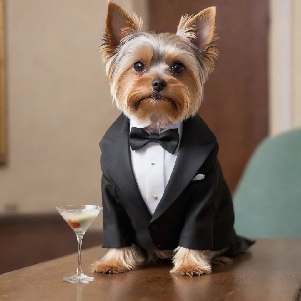 aiamazing yorkshire terrier standing on a tuxedo and drinking a martini awesome portrait 2