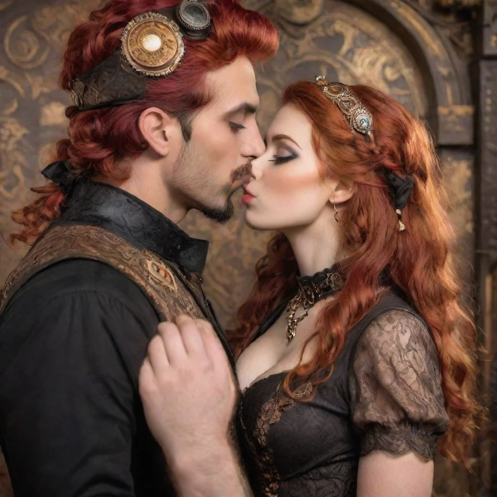 aiamazing young adult red haired girl kissing a middle eastern man in a steampunk background awesome portrait 2
