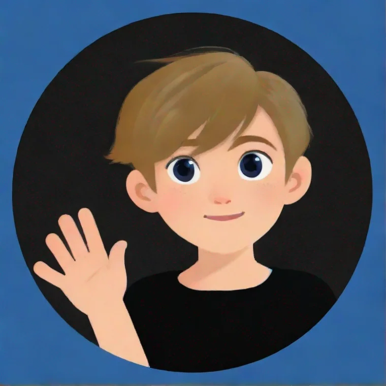 aiamazing young adult waving%2C blue circle edges%2C grey background%2C dark blond hair%2C black shirt awesome portrait 2