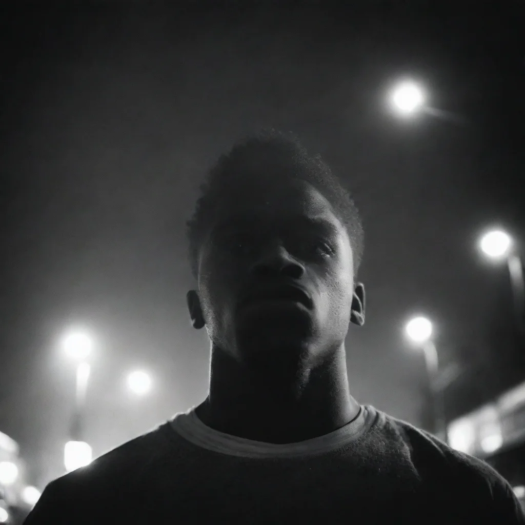 aiamazing young african american man%2C low angle%2C 18mm lens%2C grainy black and white film%2C double exposure with streetlights awesome portrait 2