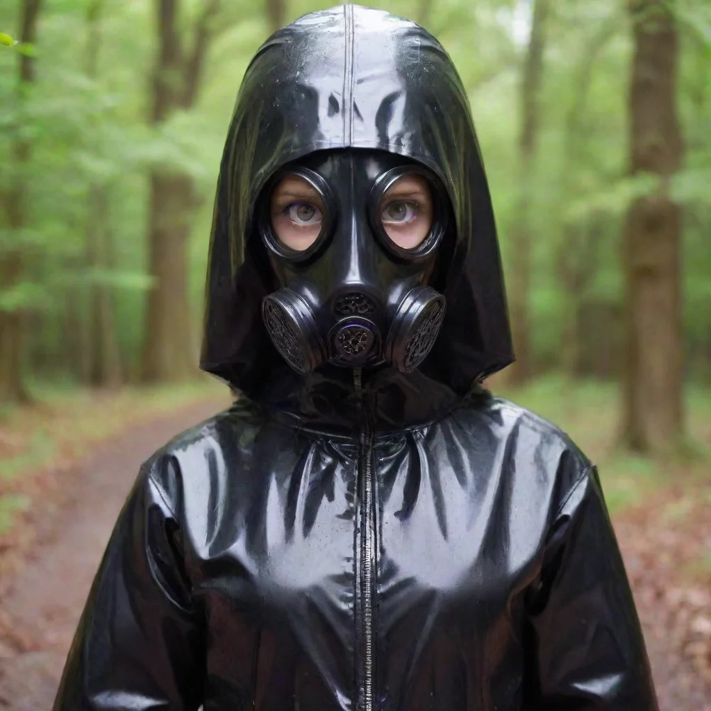 amazing young girl long wet black raincoat enclosed hood full rubber gasmask awesome portrait 2