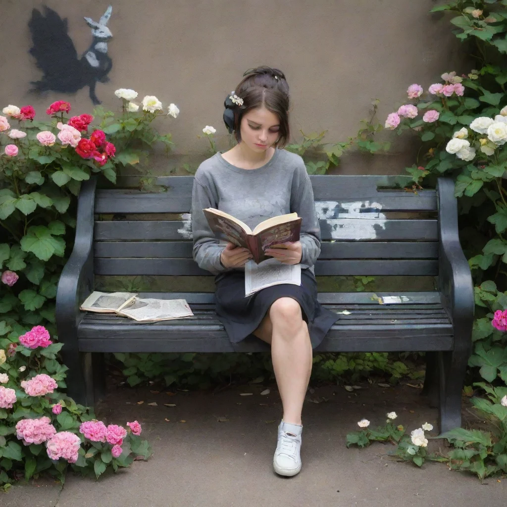 aiamazing young woman sitting on a park bench surrounded by flowers reading a book in the style of banksy awesome portrait 2