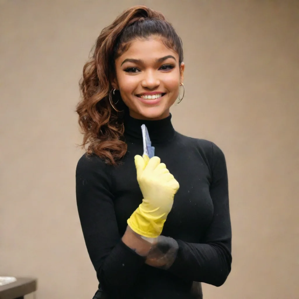 aiamazing zendaya smiling  with black nitrile gloves and gun  and  mayonnaise splattered everywhere awesome portrait 2