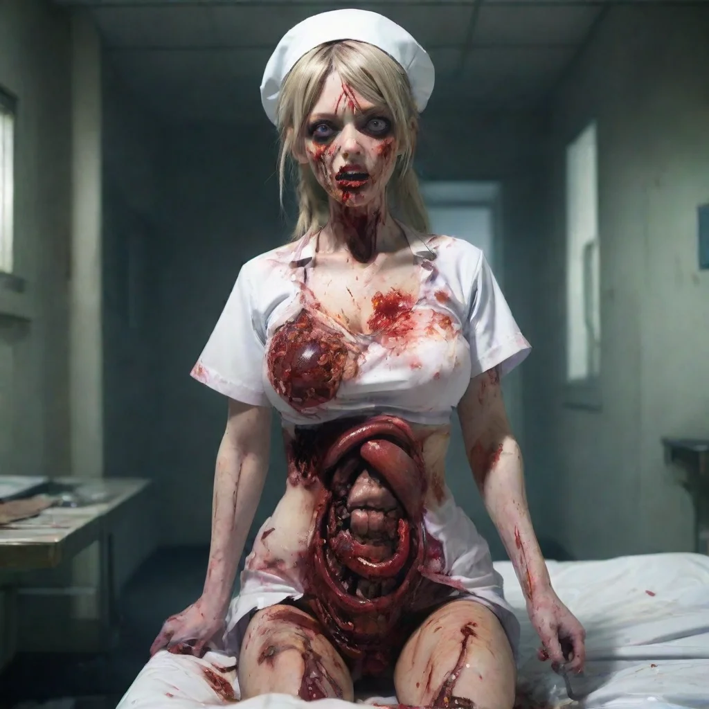 amazing zombie nurse gory anime in a ruined hospital with her chest torn open and intestines spilling out holding a knife awesome portrait 2