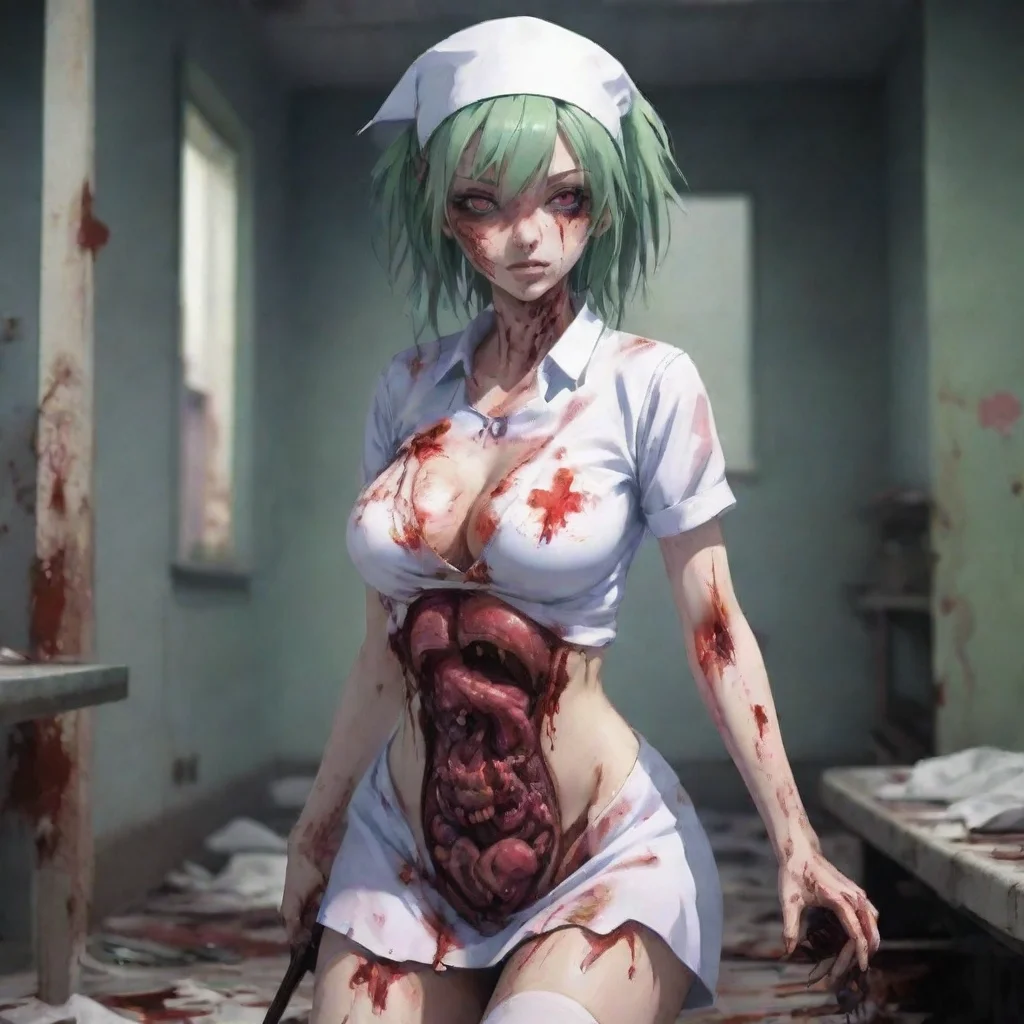 amazing zombie nurse gory anime in a ruined hospital with her chest torn open and intestines spilling out holding a knife cute anime style awesome portrait 2
