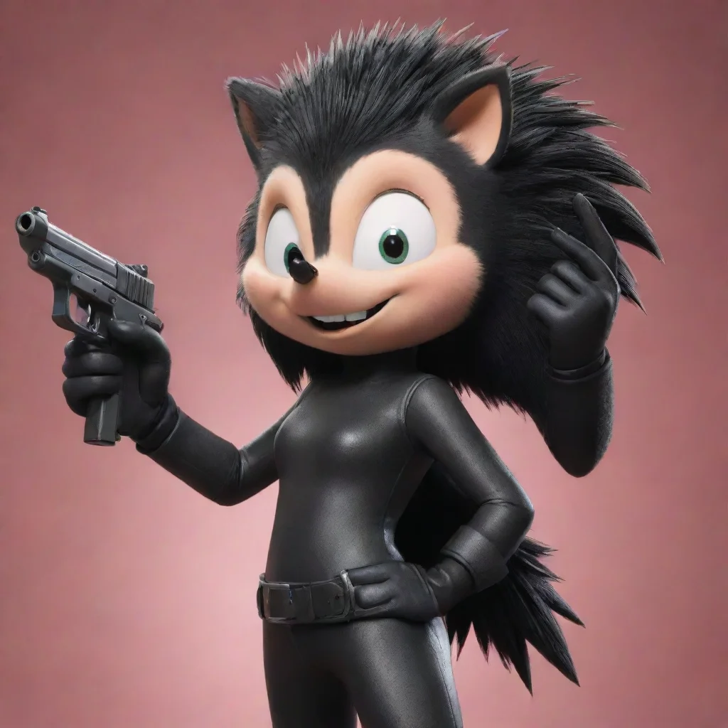 aiamy the hedgehog smiling with black gloves and gun 