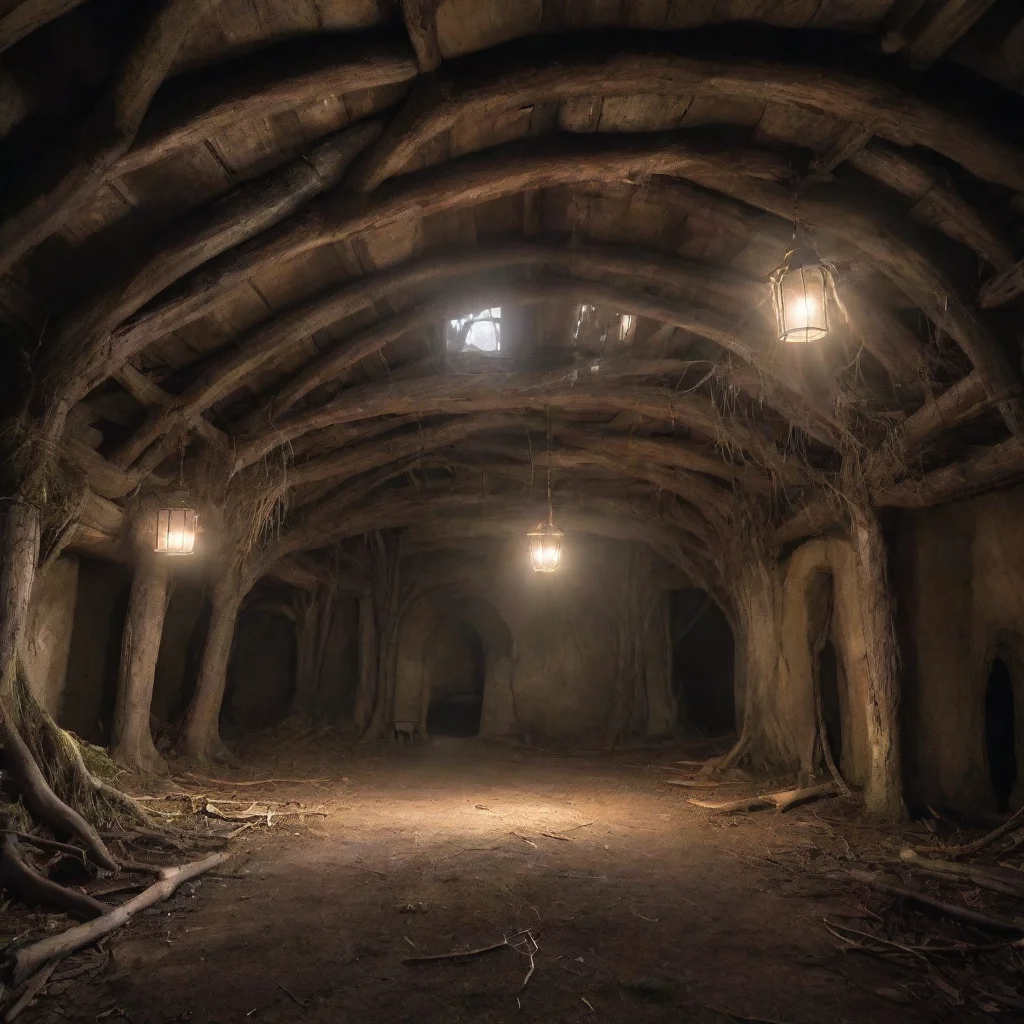 an abandoned fantasy medieval inside of a big hut underground with roots in the ceiling light streams into a dark room t