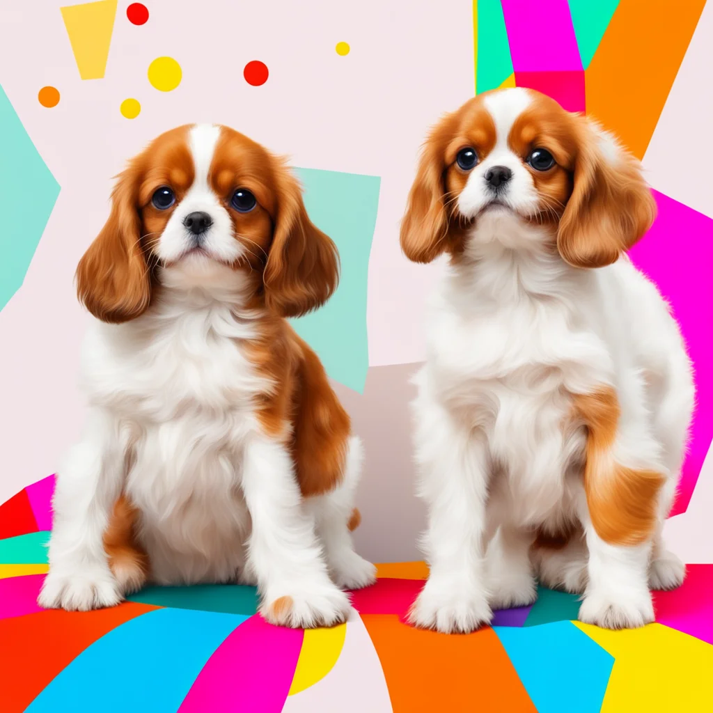 an abstract print of 3 brown and white cavalier king charles puppies frolicking playfully in a colorful midcentury livin confident engaging wow artstation art 3