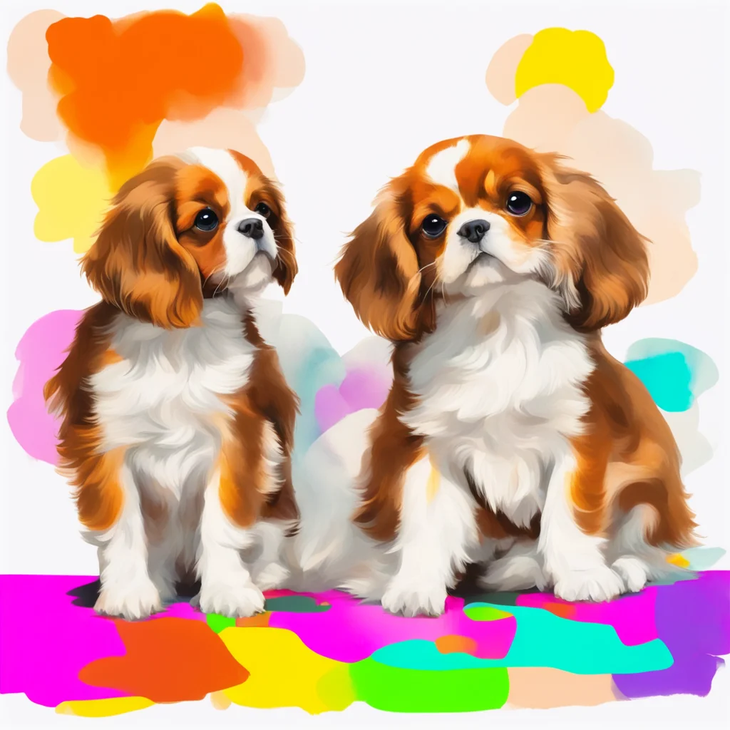 an abstract print of 3 brown and white cavalier king charles puppies frolicking playfully in a colorful midcentury livin good looking trending fantastic 1