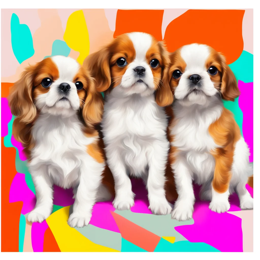 an abstract print of 3 brown and white cavalier king charles puppies frolicking playfully in a colorful midcentury livin