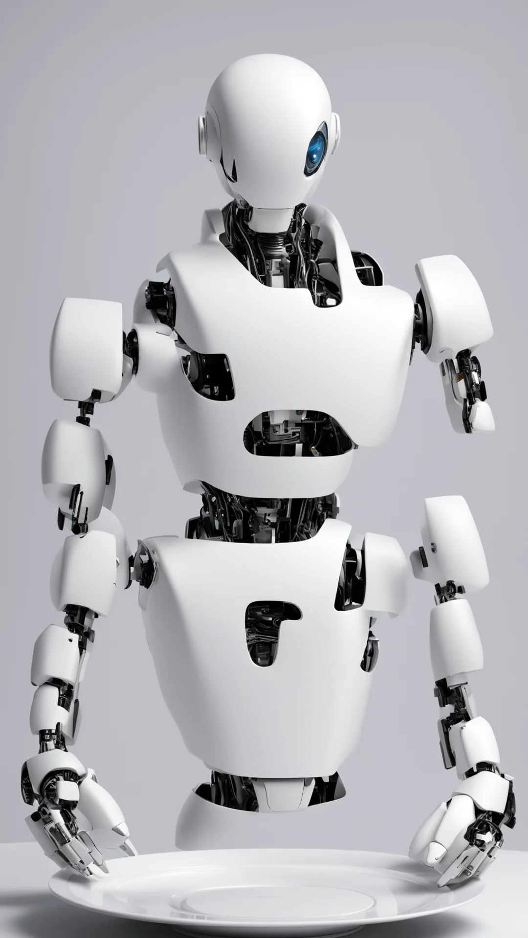 aian ai robot looking forward%2C serving an empty plate with both hands extended forward tall