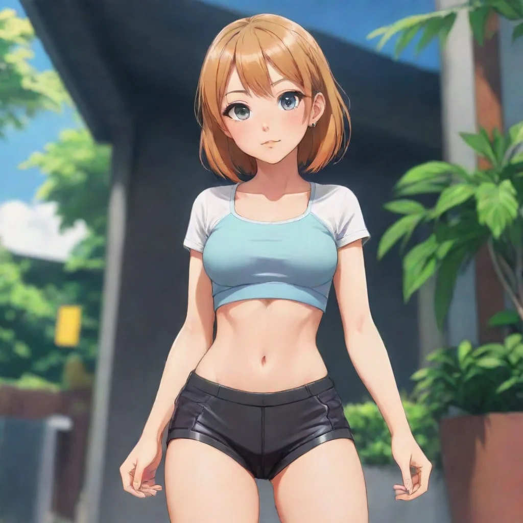 an anime girl in a crop top and booty shorts