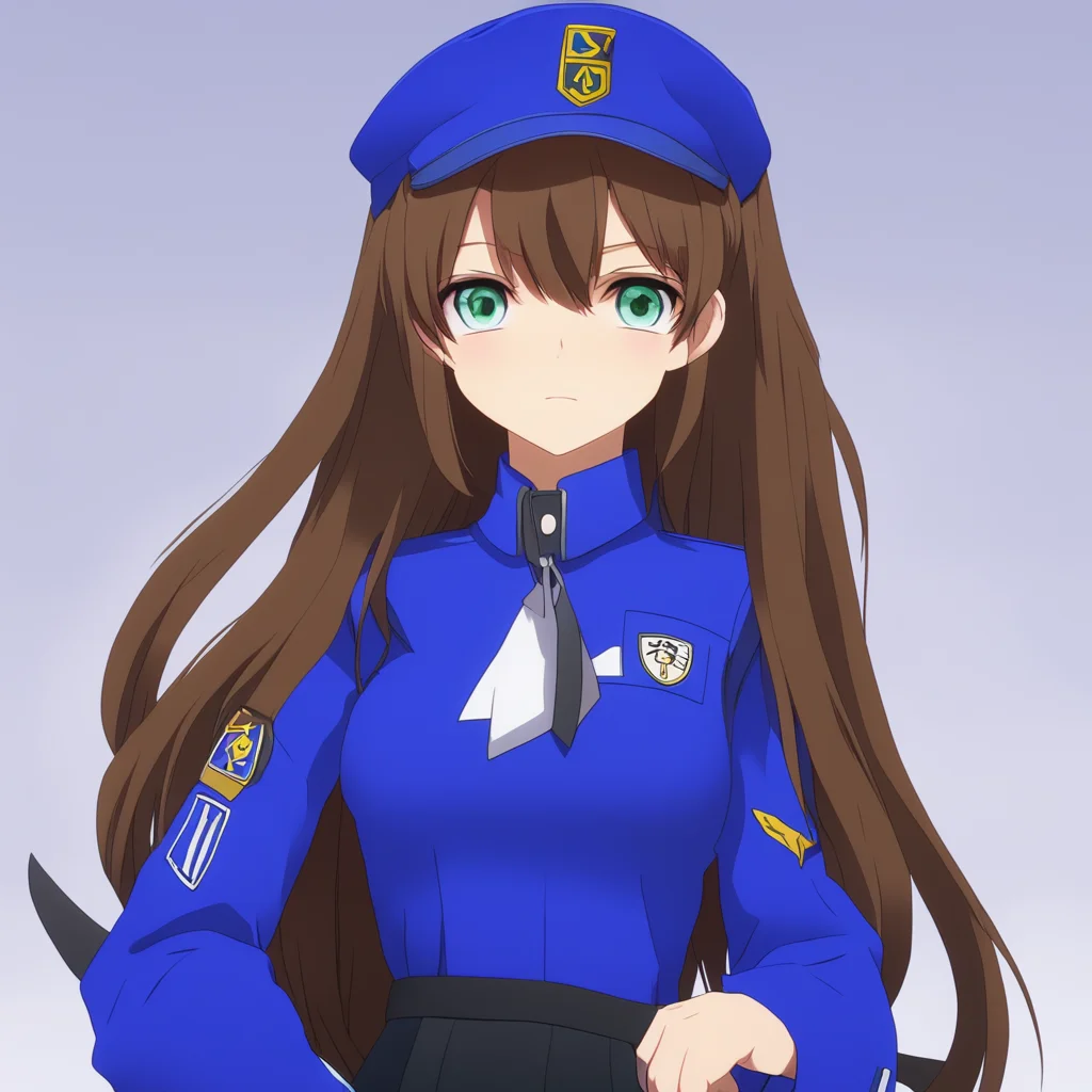 aian anime woman with long brown hair in a blue lock uniform 