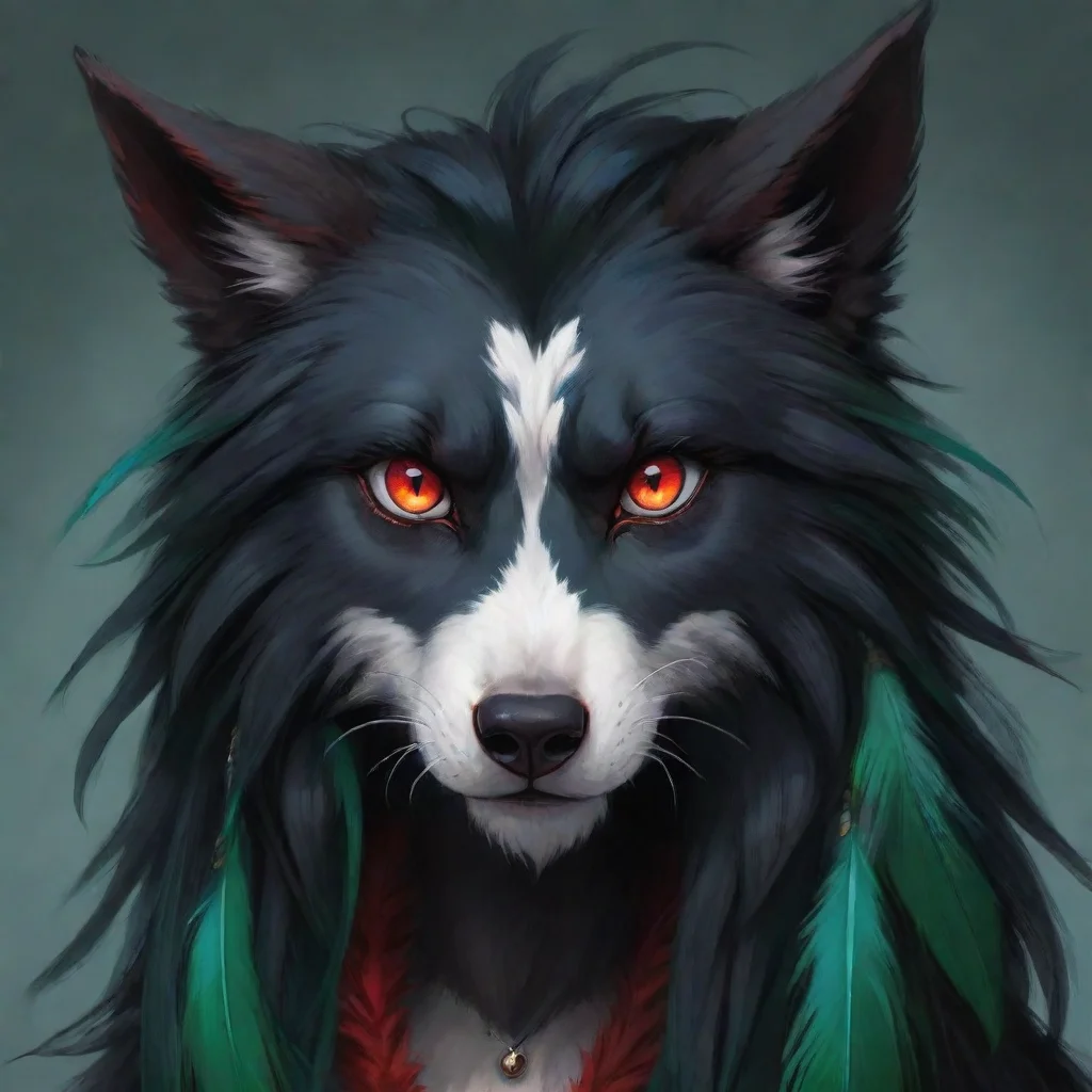 an anthropomorphic emo style wolf with black fur with red eyes with white iris and black pupils and white pupils and long black hair with red strands that covers his eye combined with red with