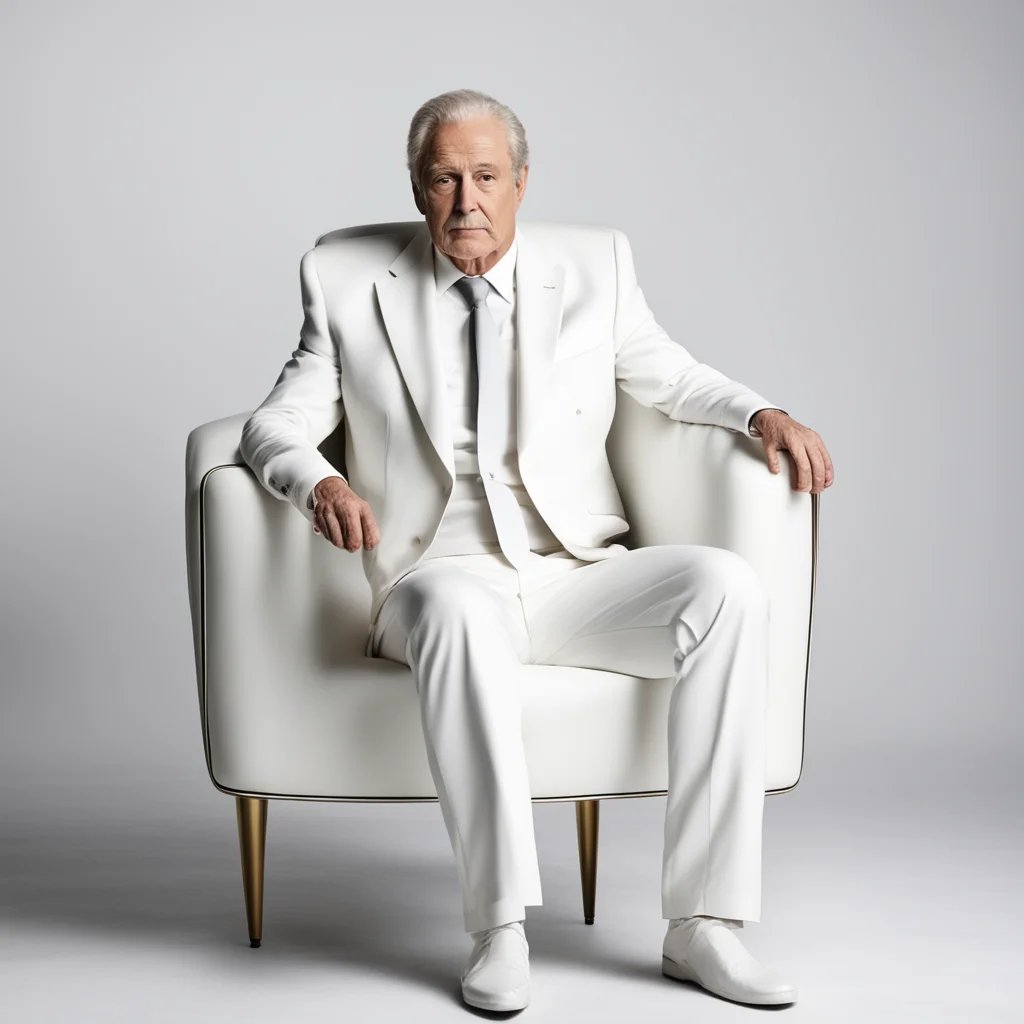 an average old billionaire wearing white suit and seating on white expensive chair