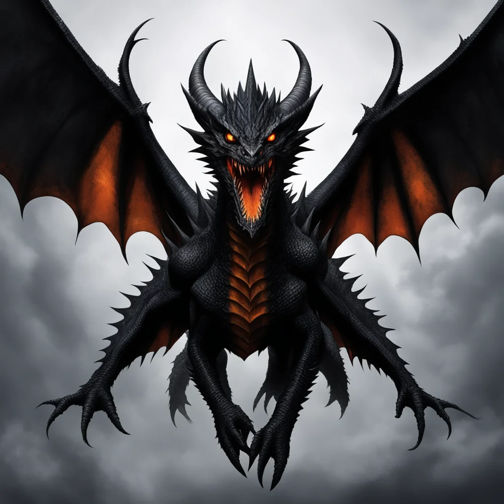 an eight winged black dragon flying from the darkness. orange eyes. their front teeth are huge amazing awesome portrait 2